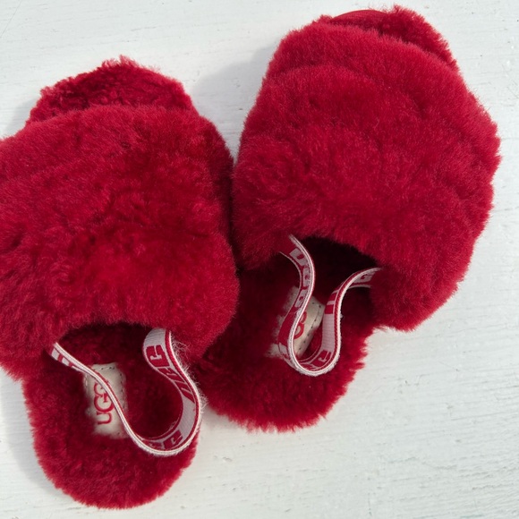 UGG Toddler Fluff Yeah Furry Fuzzy Sandals Ribbon Red $55 Size 9 - Picture 7 of 7
